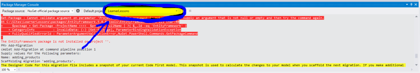 The EntityFramework package is not installed on project ''